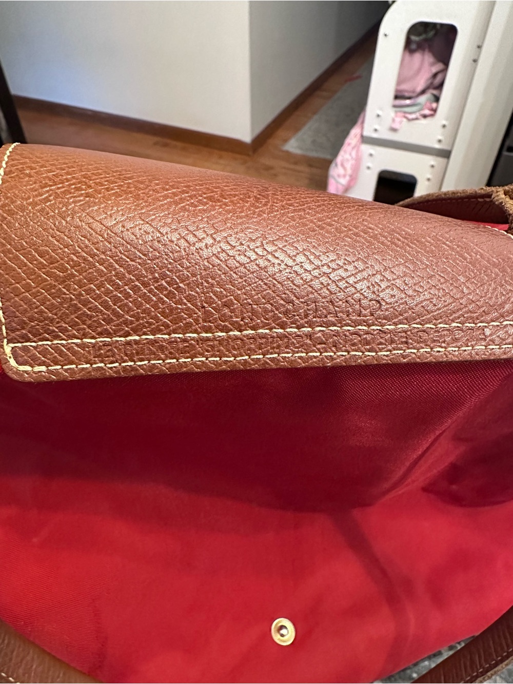Longchamp Red Le Pliage L Nylon Tote with Brown Leather Trim - Picture 7 of 12